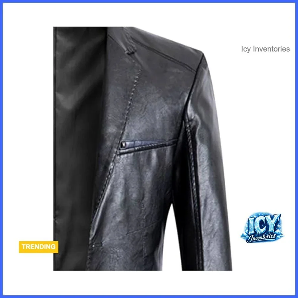 Men's Winter Faux Leather Blazer Suit Jacket Notched Collar Slim Moto